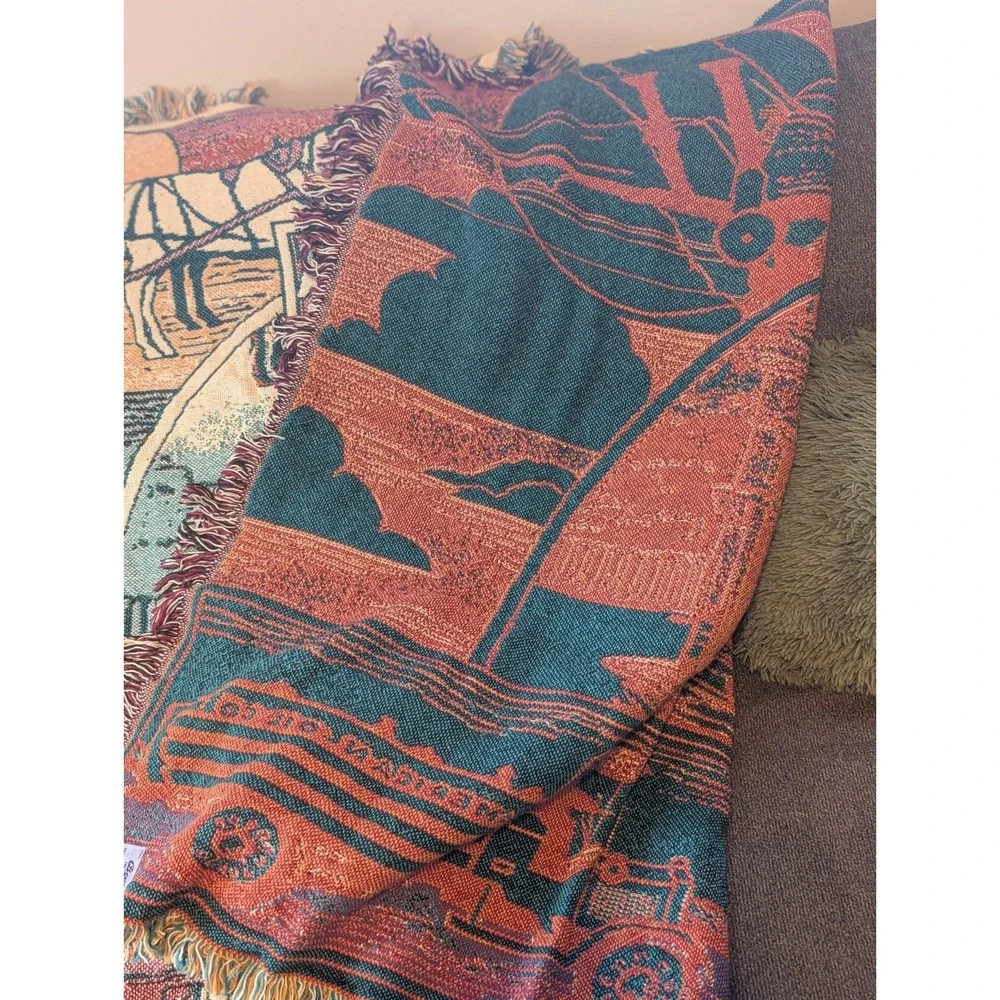 Vintage Amoco Gas Station Tapestry Fringe Throw Blanket American Oil Co Woven